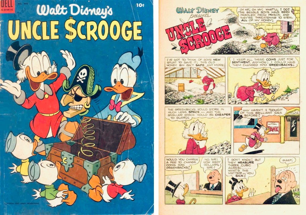 Omslag till ’Four Color Comic’ #495 (1953), och inledande sida med ’The Round Money Bin’. ©Dell/Disney