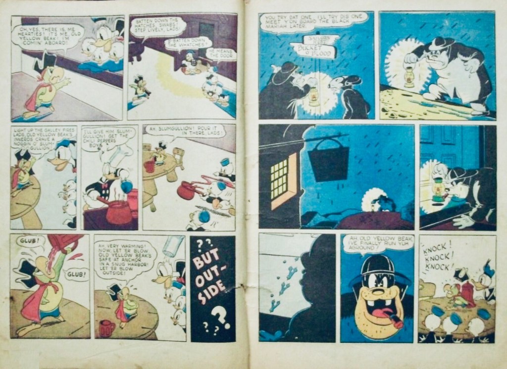 Ett uppslag ur ’Donald Duck Finds Pirate Good,’ med vänster sida tecknad av Hannah och höger sida av Barks. ©Disney