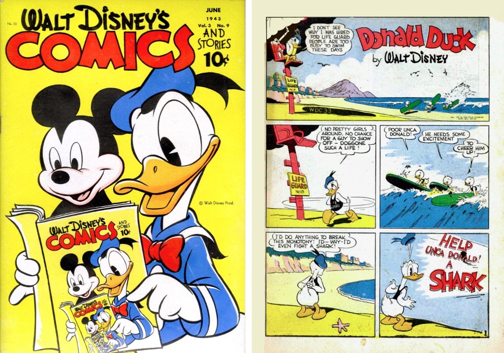 Omslag av Carl Buettner till Walt Disney's Comics and Stories #33 (1943) och motsvarande inledande sida av Carl Barks. ©Disney