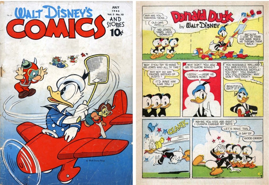 Omslag av Walt Kelly till Walt Disney's Comics and Stories #34 (1943) och motsvarande inledande sida av Carl Barks. ©Disney