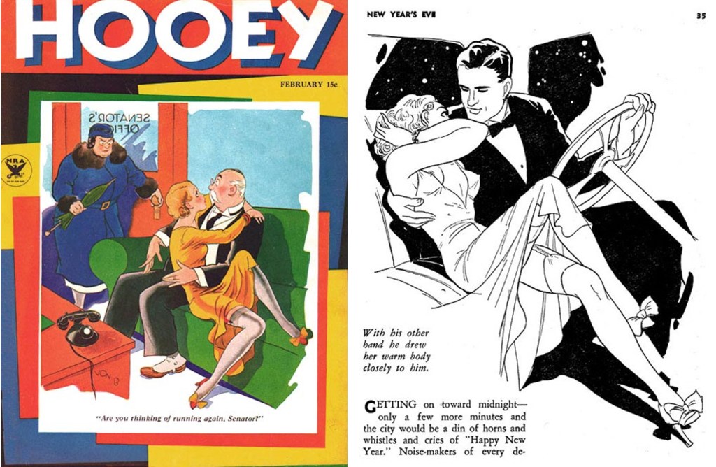 Omslag till ’Hooey' #2, 1934 signerad ’von B’, och en osignerad illustration ur 'Saucy Stories' #1, 1936. ©Fawcett/Movie Digest
