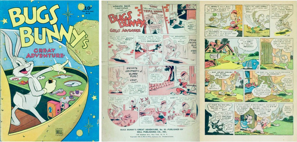 Omslag till Four Color Comic #88 (1945) och inledande sida med ’Bugs Bunny’s Great Adventure’ av Carl Buettner. ©Schlesinger