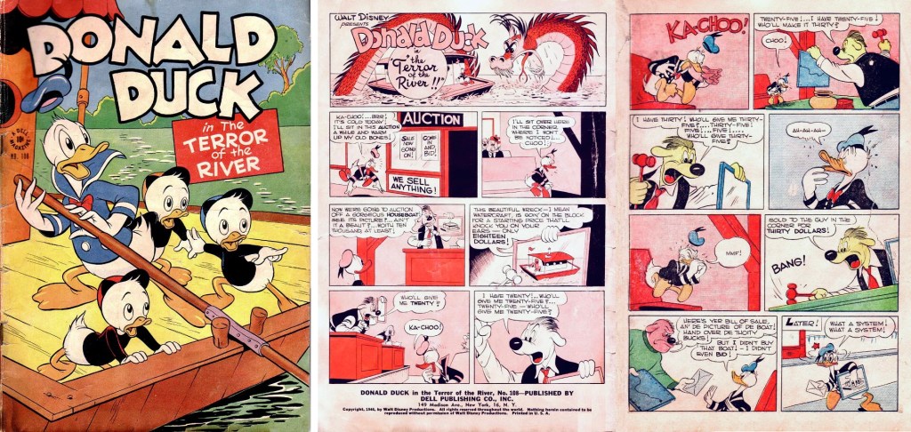 Omslag till Four Color Comic #108 (1946) av Carl Buettner, och inledande sida ur ’Donald Duck in the Terror on the River’ av Carl Barks. ©Disney